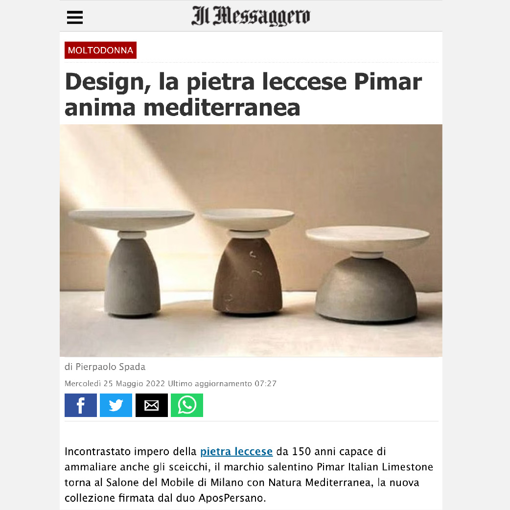 Design, la pietra leccese Pimar anima mediterranea sul Messaggero